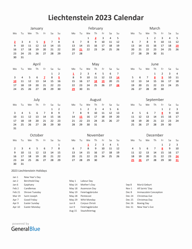 2023 Yearly Calendar Printable With Liechtenstein Holidays