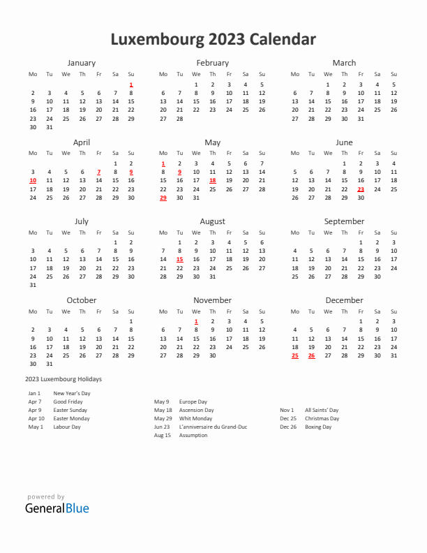 2023 Yearly Calendar Printable With Luxembourg Holidays
