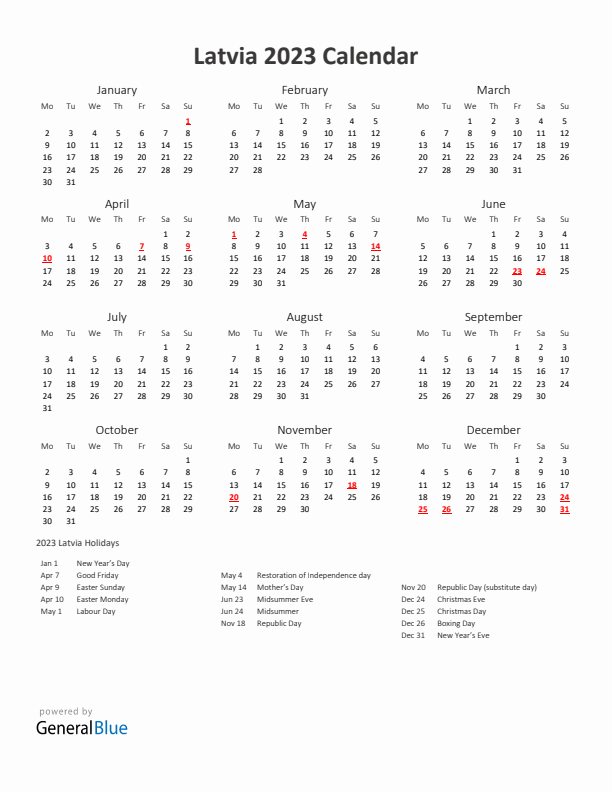 2023 Yearly Calendar Printable With Latvia Holidays