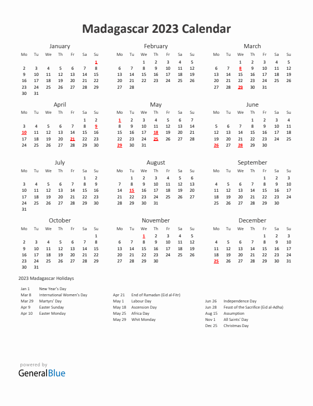 2023 Yearly Calendar Printable With Madagascar Holidays