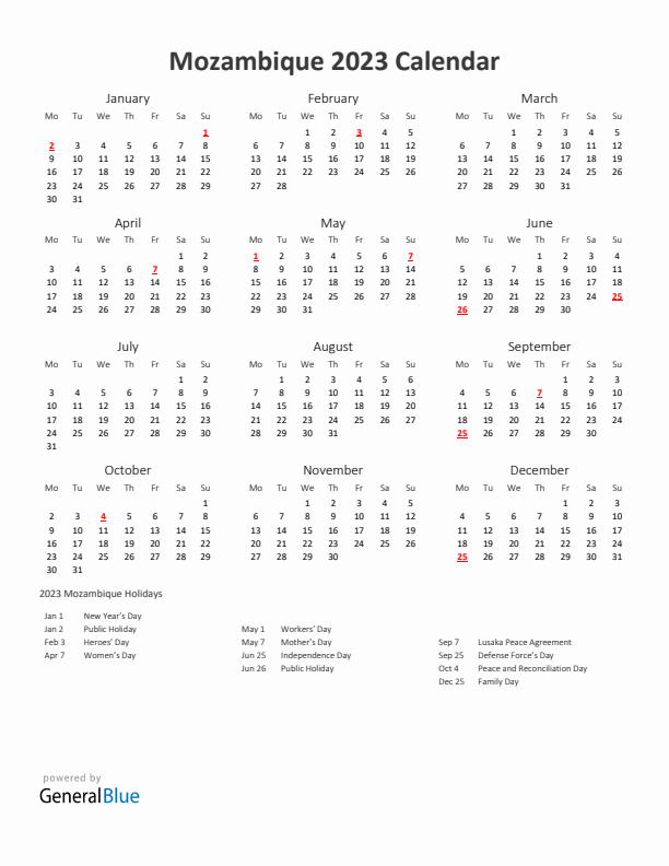 2023 Yearly Calendar Printable With Mozambique Holidays
