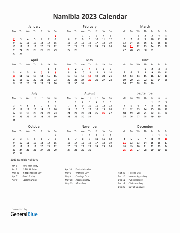 2023 Yearly Calendar Printable With Namibia Holidays