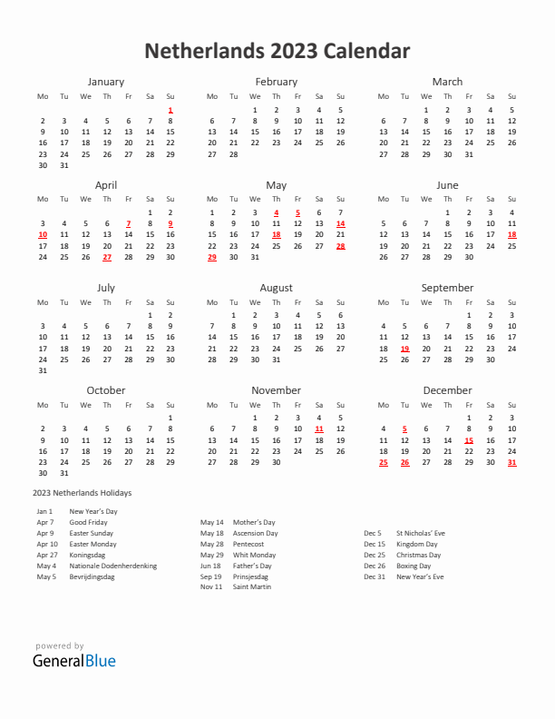 2023 Yearly Calendar Printable With The Netherlands Holidays