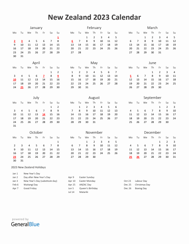 2023 Yearly Calendar Printable With New Zealand Holidays