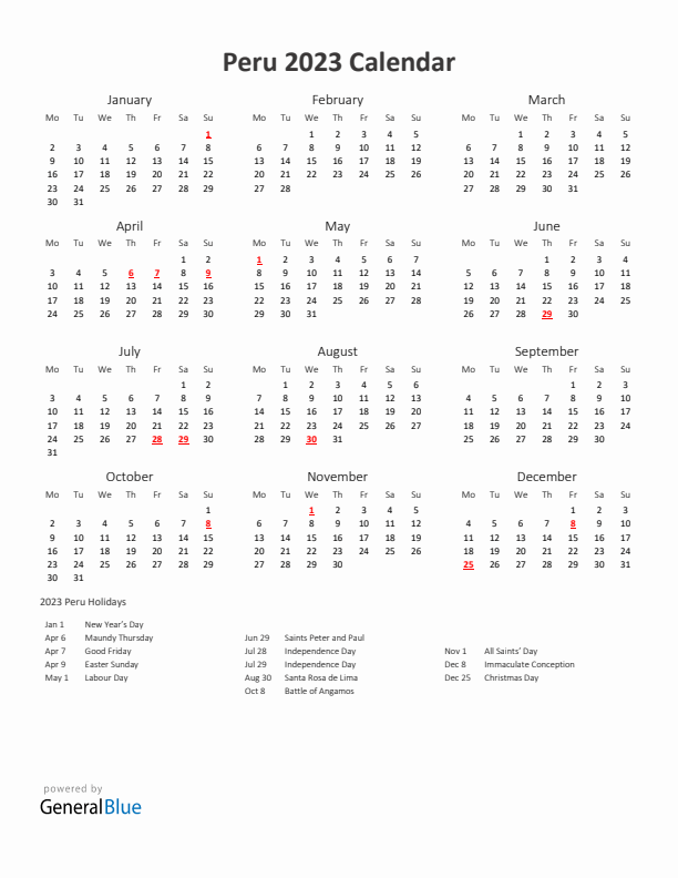 2023 Yearly Calendar Printable With Peru Holidays