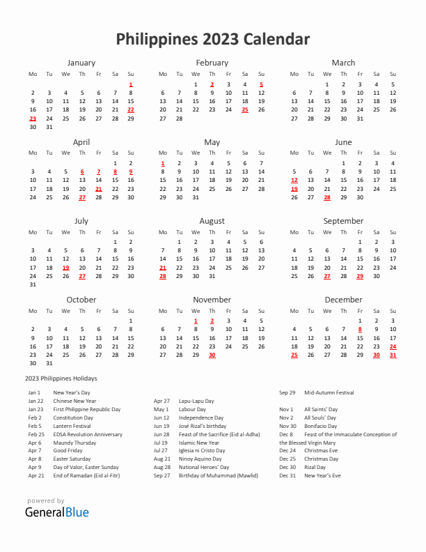 2023 Yearly Calendar Printable With Philippines Holidays