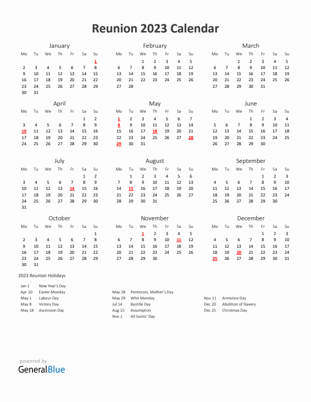 2023 Yearly Calendar Printable With Reunion Holidays