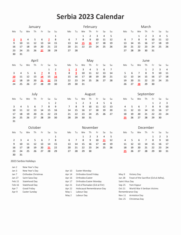 2023 Yearly Calendar Printable With Serbia Holidays