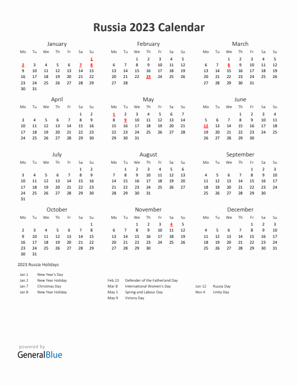 2023 Yearly Calendar Printable With Russia Holidays