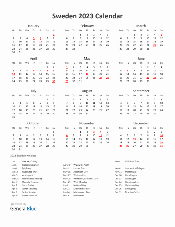2023 Yearly Calendar Printable With Sweden Holidays