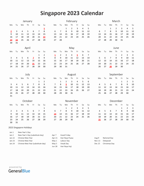 2023 Yearly Calendar Printable With Singapore Holidays