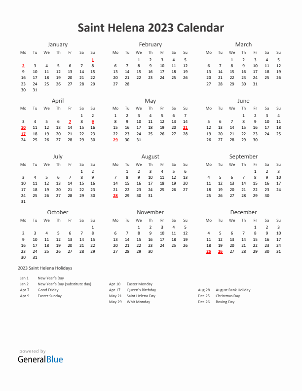 2023 Yearly Calendar Printable With Saint Helena Holidays