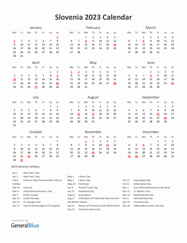 2023 Yearly Calendar Printable With Slovenia Holidays