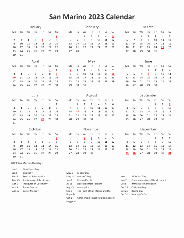 2023 Yearly Calendar Printable With San Marino Holidays