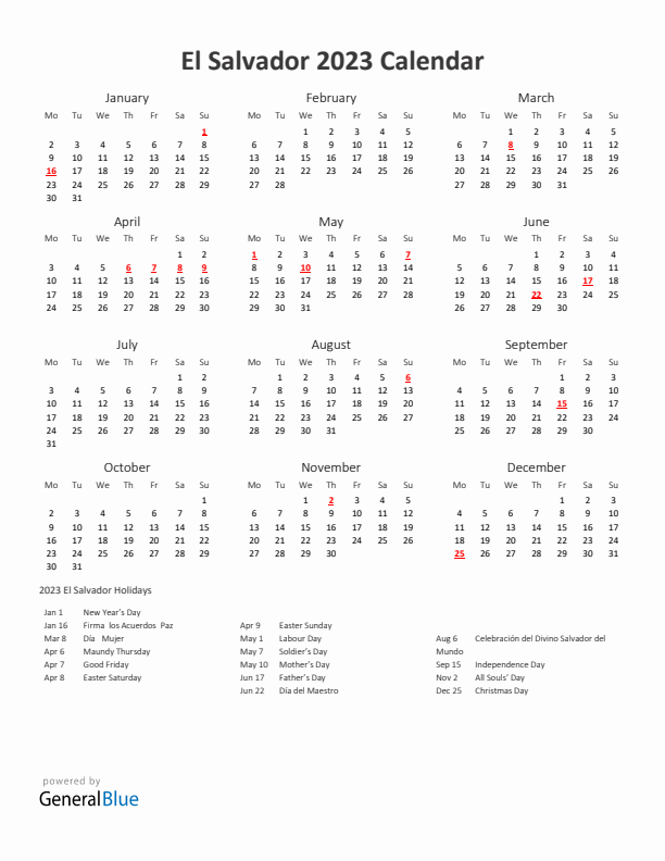 2023 Yearly Calendar Printable With El Salvador Holidays