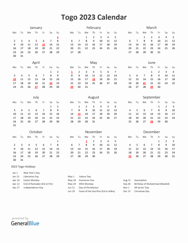 2023 Yearly Calendar Printable With Togo Holidays
