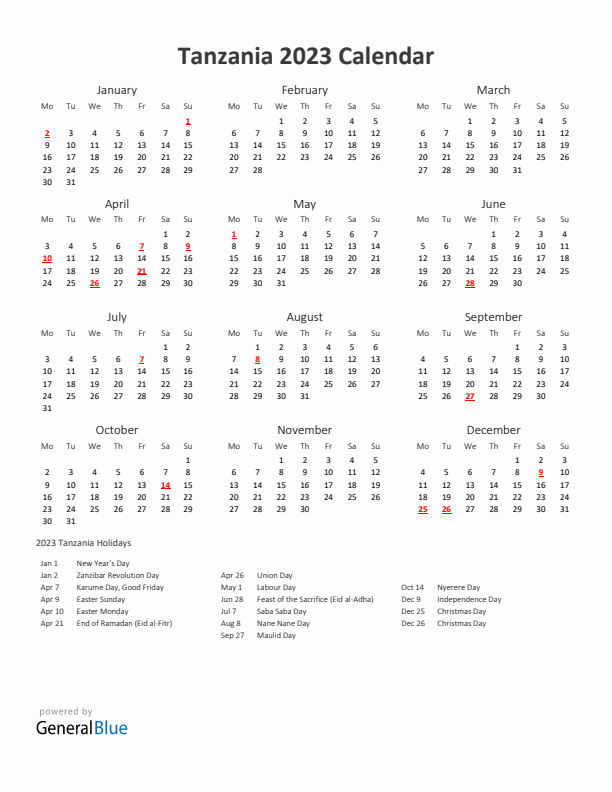 2023 Yearly Calendar Printable With Tanzania Holidays