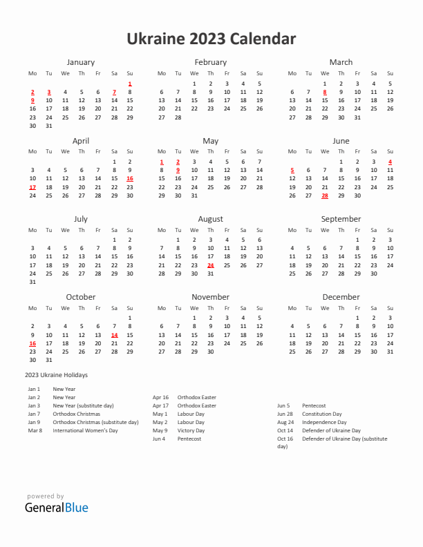 2023 Yearly Calendar Printable With Ukraine Holidays