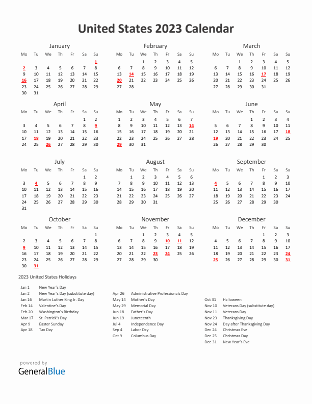 2023 Yearly Calendar Printable With United States Holidays