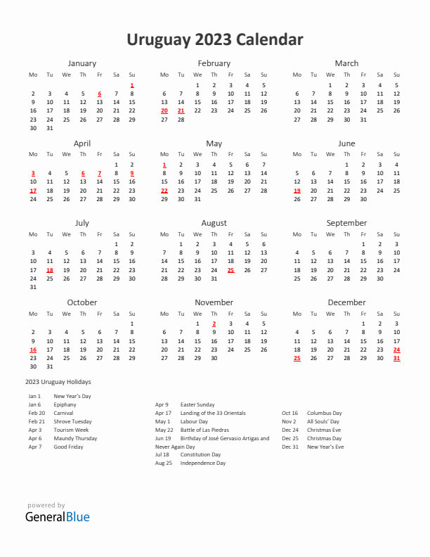 2023 Yearly Calendar Printable With Uruguay Holidays