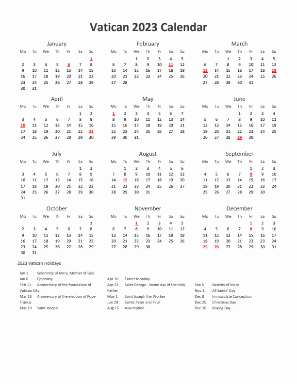 2023 Yearly Calendar Printable With Vatican Holidays