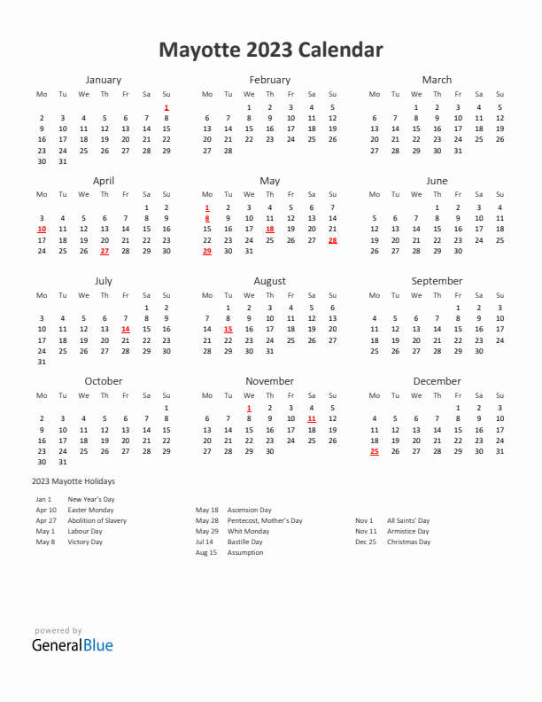 2023 Yearly Calendar Printable With Mayotte Holidays