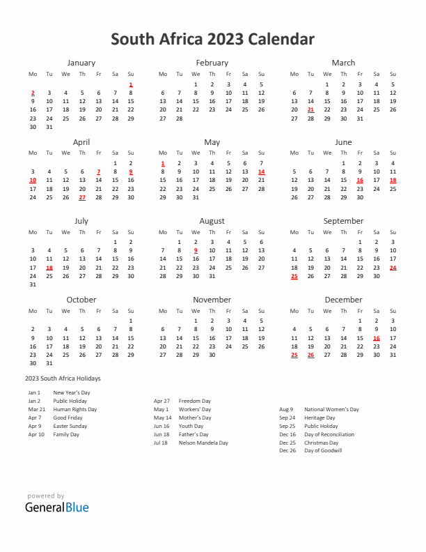 2023 Yearly Calendar Printable With South Africa Holidays