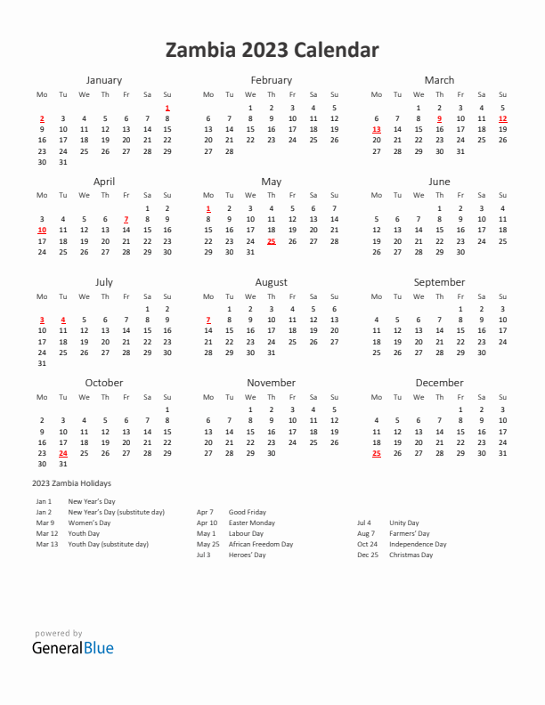2023 Yearly Calendar Printable With Zambia Holidays