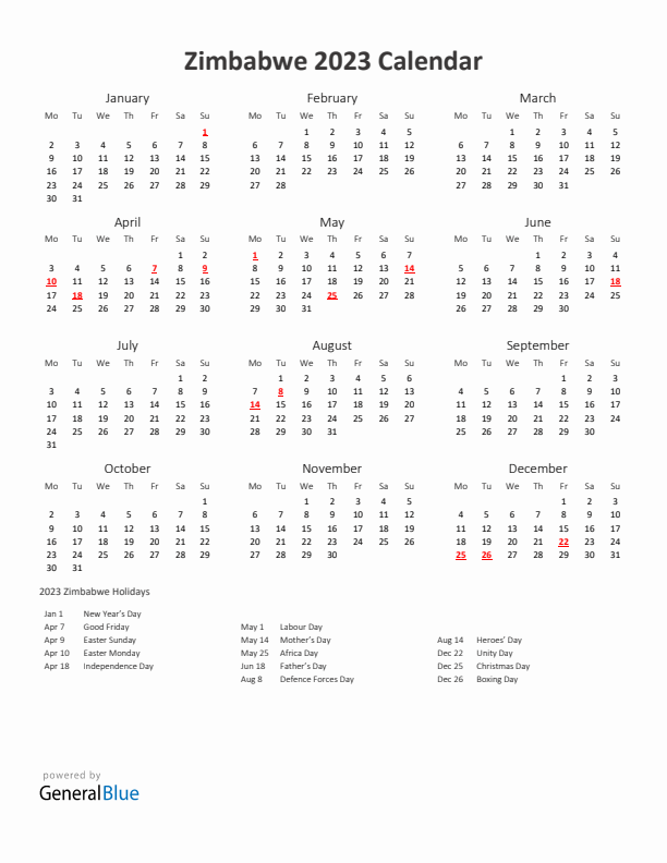 2023 Yearly Calendar Printable With Zimbabwe Holidays