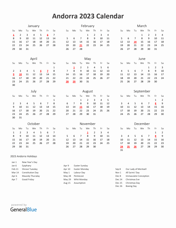 2023 Yearly Calendar Printable With Andorra Holidays