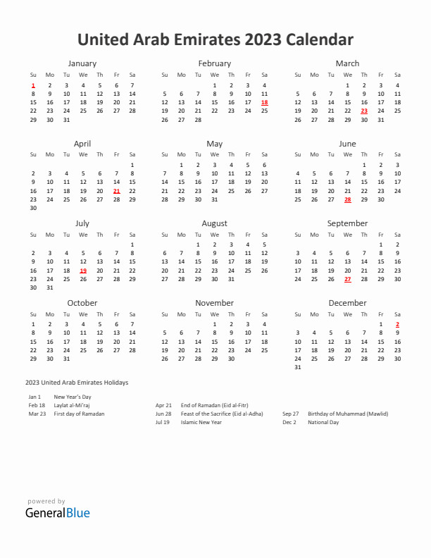 2023 Yearly Calendar Printable With United Arab Emirates Holidays