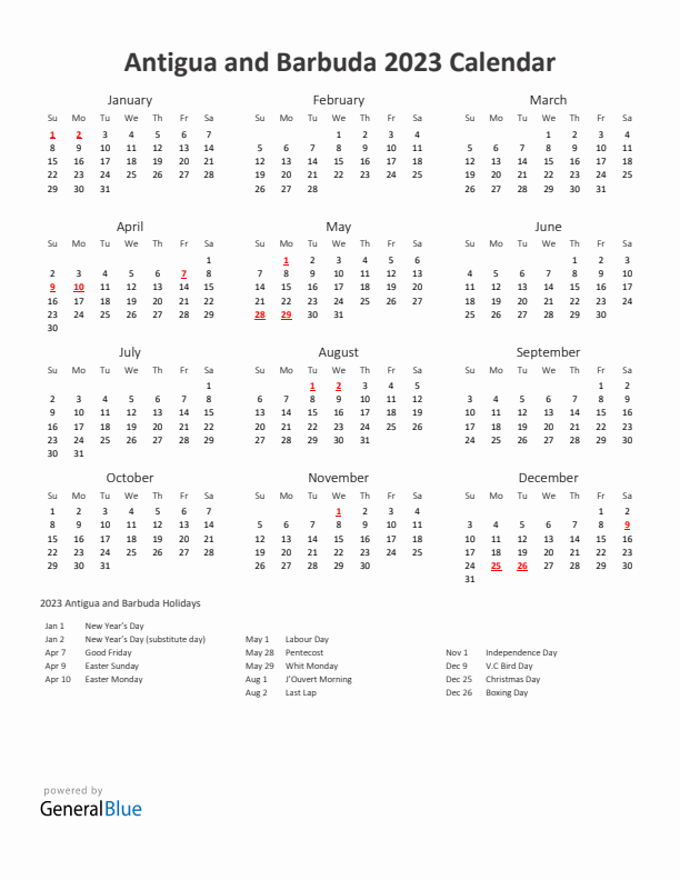 2023 Yearly Calendar Printable With Antigua and Barbuda Holidays