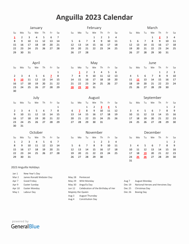 2023 Yearly Calendar Printable With Anguilla Holidays