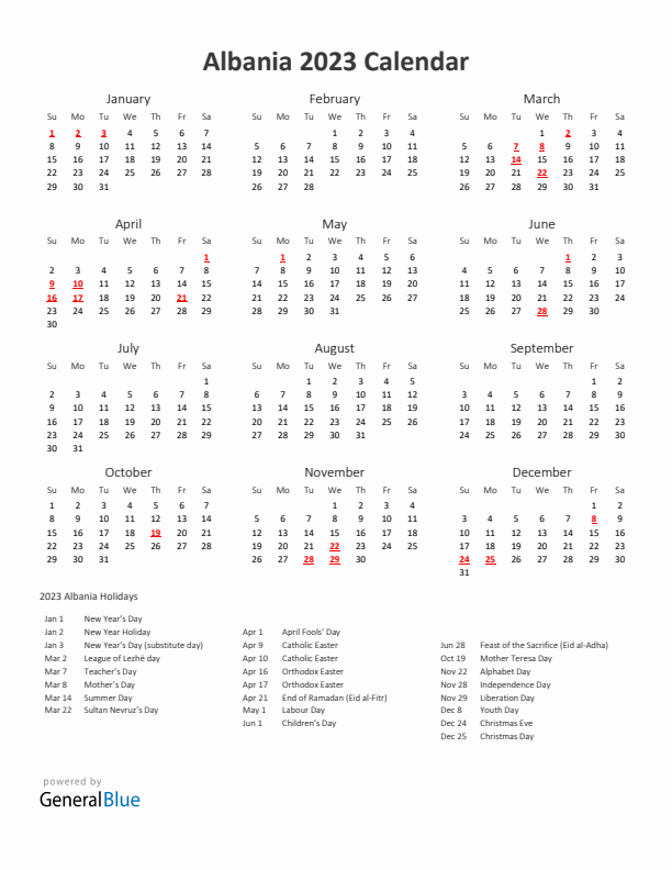 2023 Yearly Calendar Printable With Albania Holidays