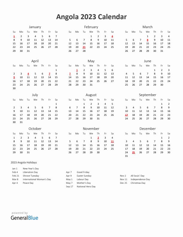 2023 Yearly Calendar Printable With Angola Holidays