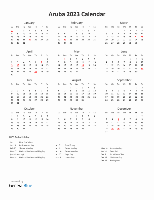 2023 Yearly Calendar Printable With Aruba Holidays
