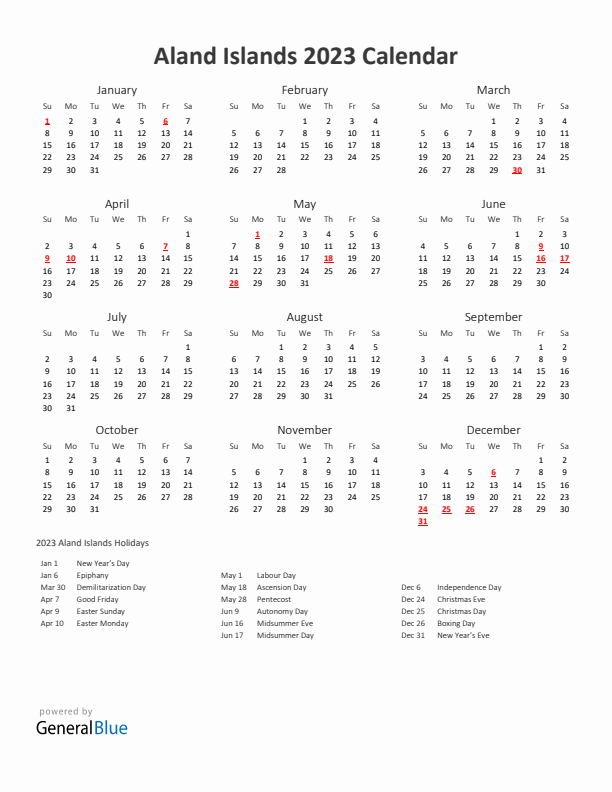 2023 Yearly Calendar Printable With Aland Islands Holidays