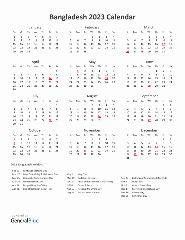 2023 Yearly Calendar Printable With Bangladesh Holidays