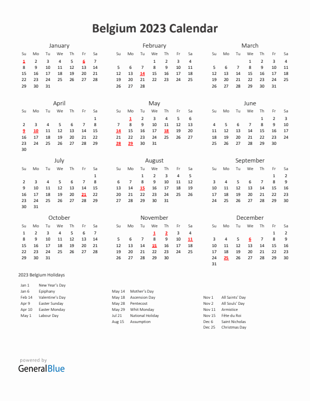 2023 Yearly Calendar Printable With Belgium Holidays
