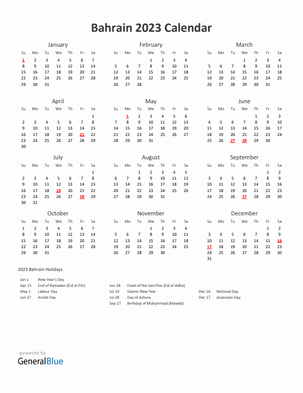 2023 Yearly Calendar Printable With Bahrain Holidays