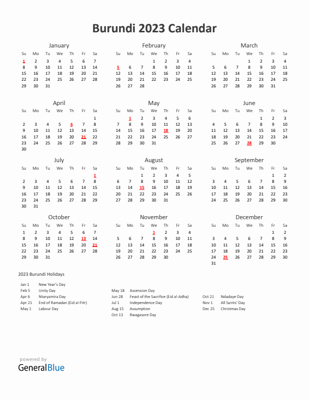 2023 Yearly Calendar Printable With Burundi Holidays
