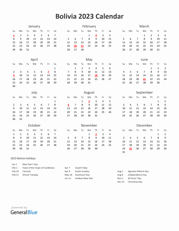 2023 Yearly Calendar Printable With Bolivia Holidays