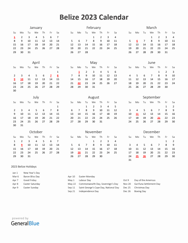 2023 Yearly Calendar Printable With Belize Holidays