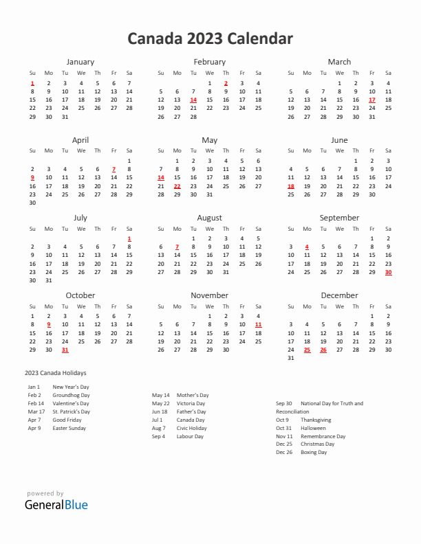 2023 Yearly Calendar Printable With Canada Holidays
