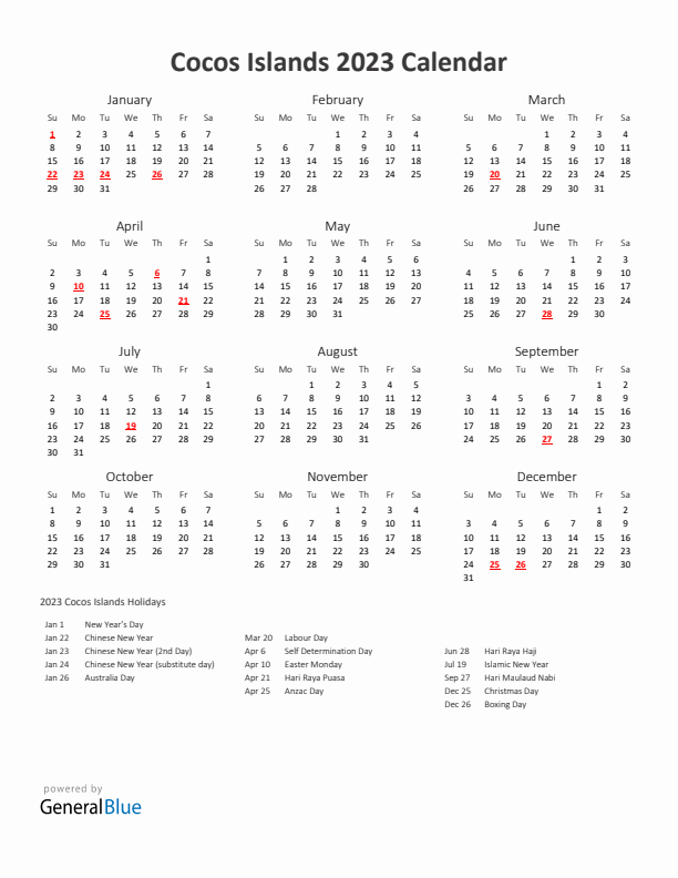 2023 Yearly Calendar Printable With Cocos Islands Holidays