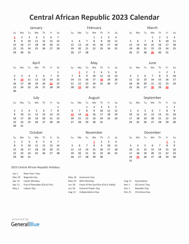 2023 Yearly Calendar Printable With Central African Republic Holidays