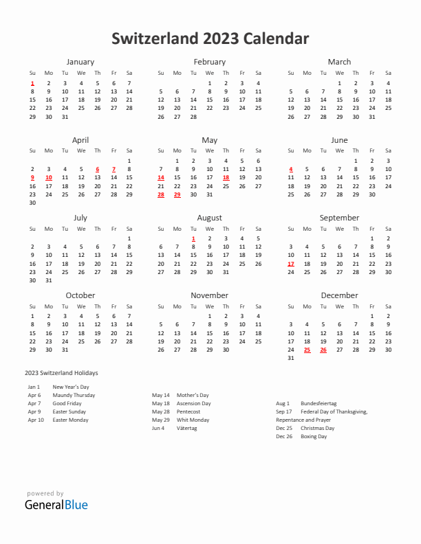 2023 Yearly Calendar Printable With Switzerland Holidays