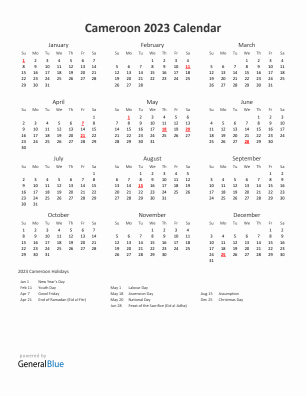 2023 Yearly Calendar Printable With Cameroon Holidays