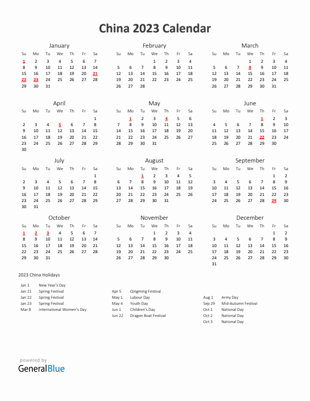 2023 Yearly Calendar Printable With China Holidays