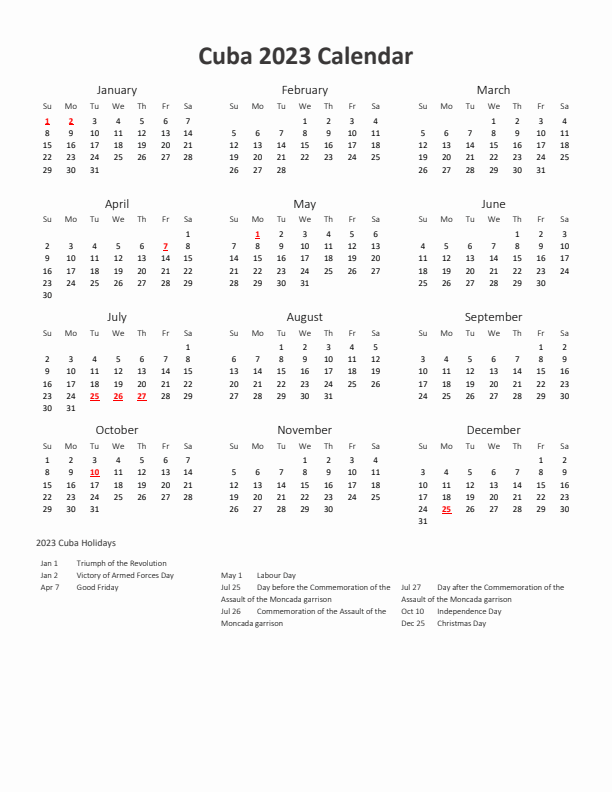 2023 Yearly Calendar Printable With Cuba Holidays